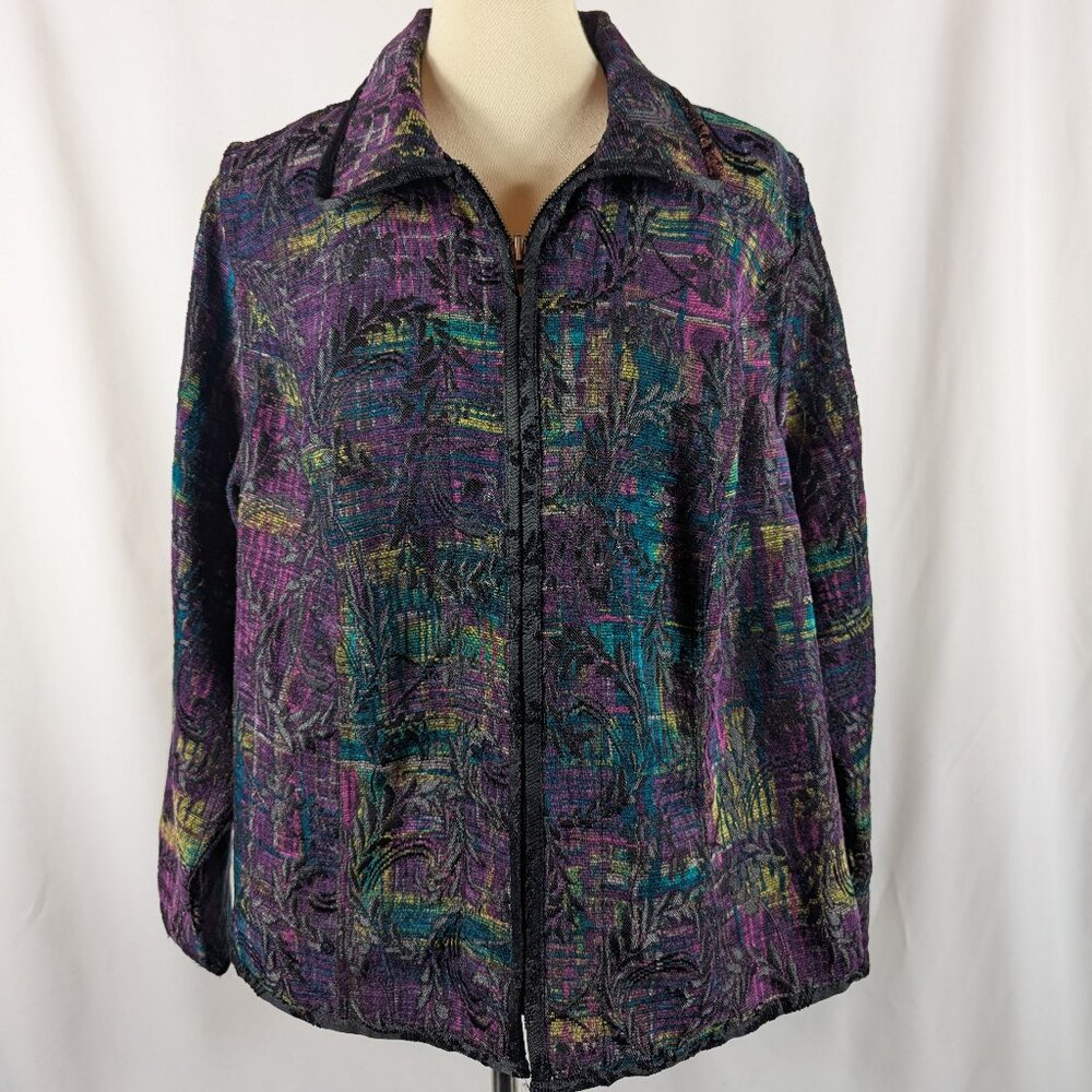 CJ Banks Purple Black Floral Zip Blazer Jacket Tapestry Reversible Plus Size 1X